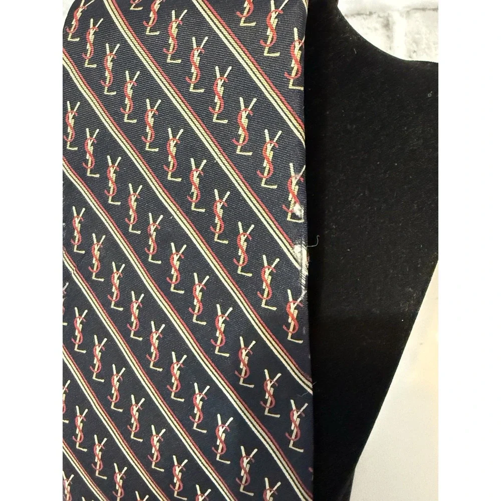 Yves Saint Laurent YSL Vintage Tie Navy Red Logo Monogram Designer Necktie USA